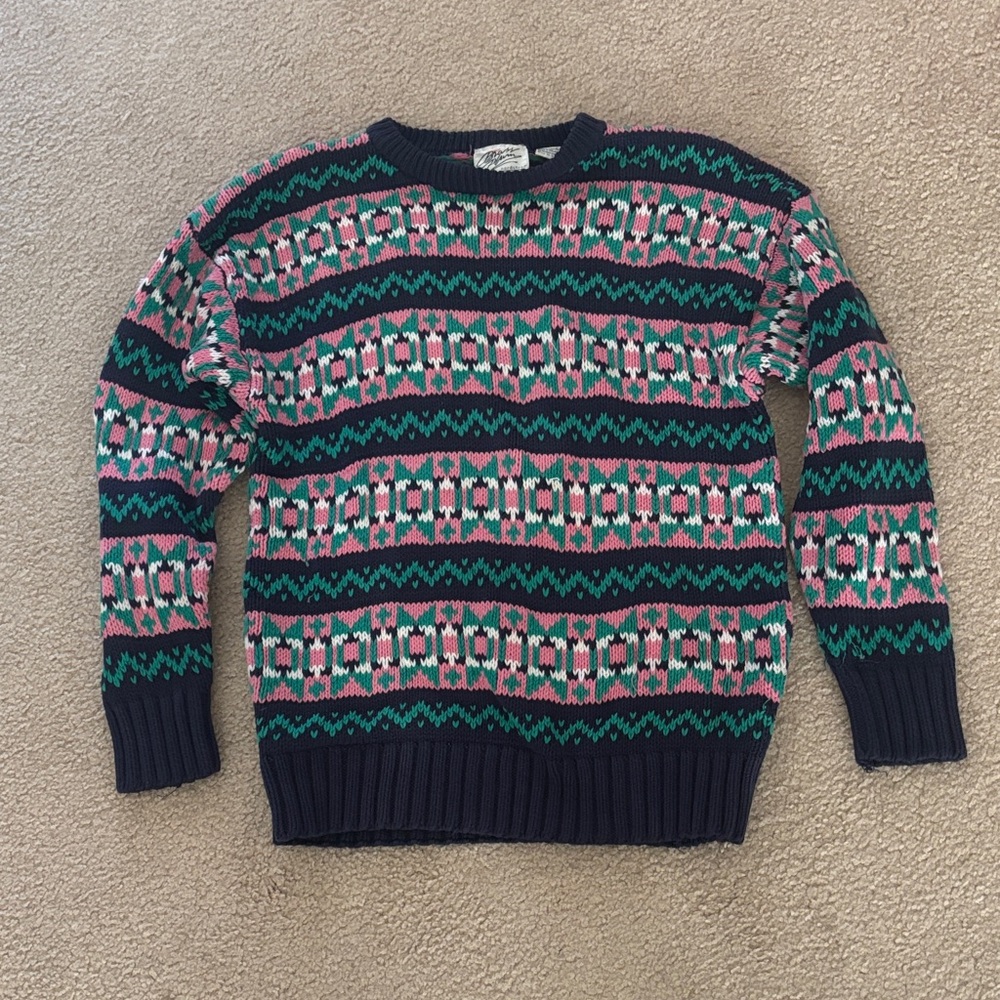Vintage Patterned Crewneck Sweater - Multicolor 100% Cotton